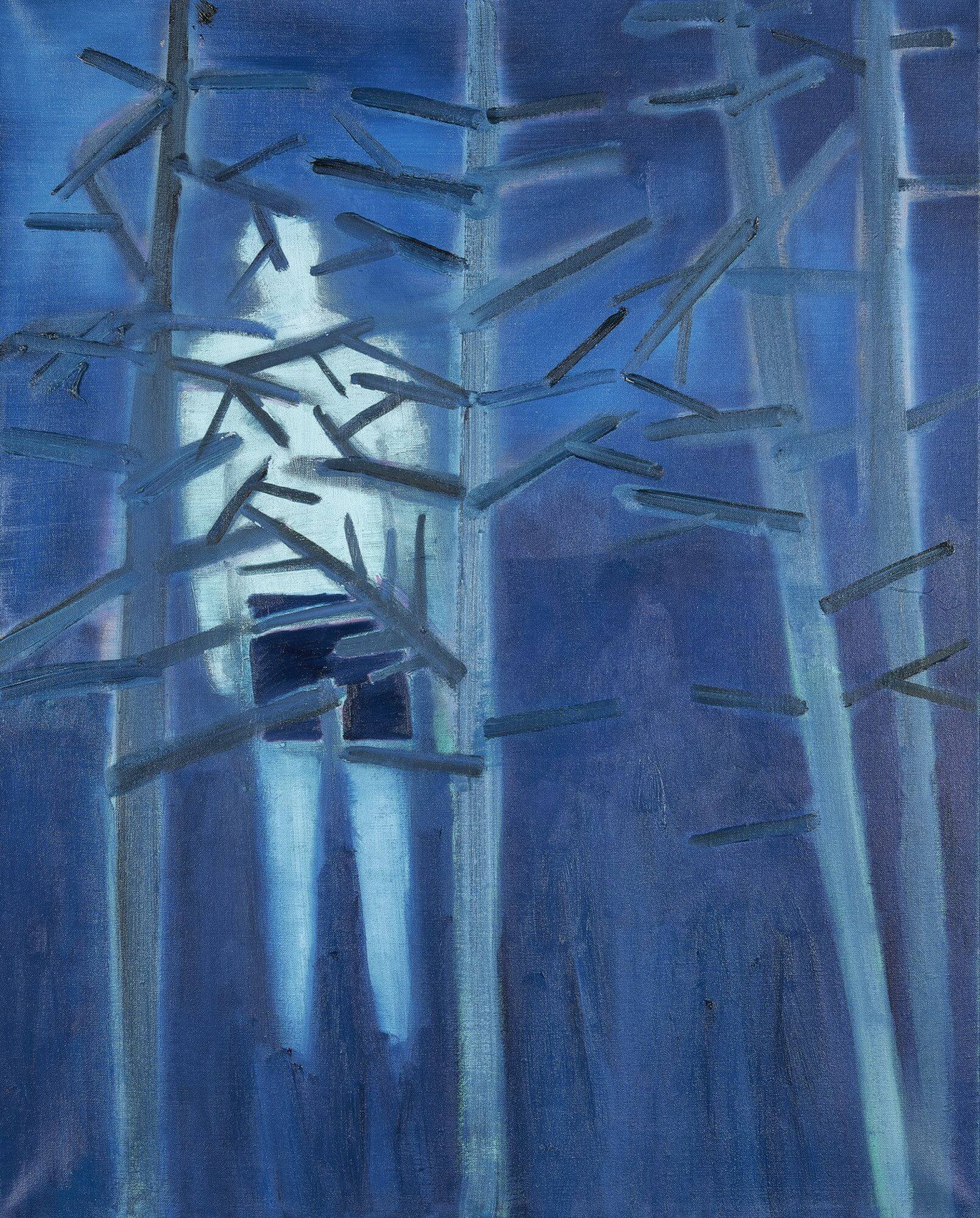 A painting by Tom Hammick, featuring an abstract figure in white surrounded by a dark blue woodland.